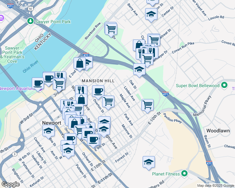 map of restaurants, bars, coffee shops, grocery stores, and more near 607 Park Avenue in Newport