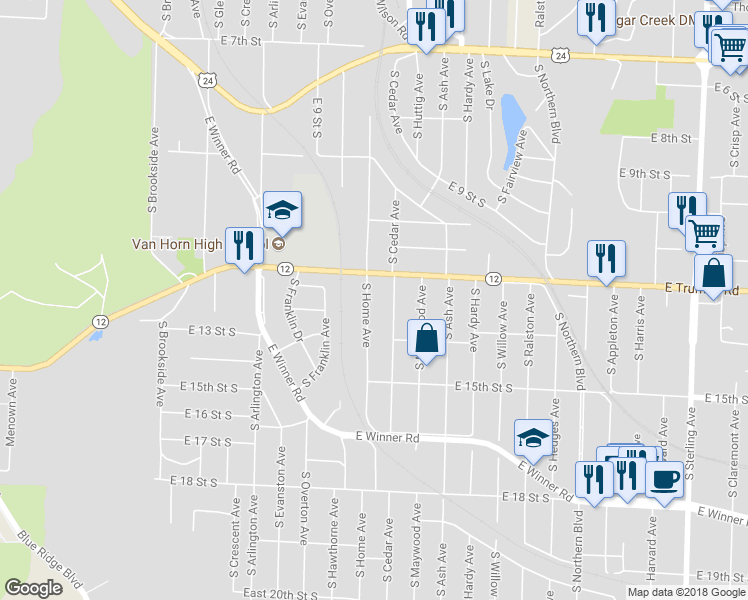 map of restaurants, bars, coffee shops, grocery stores, and more near 1219 South Home Avenue in Independence