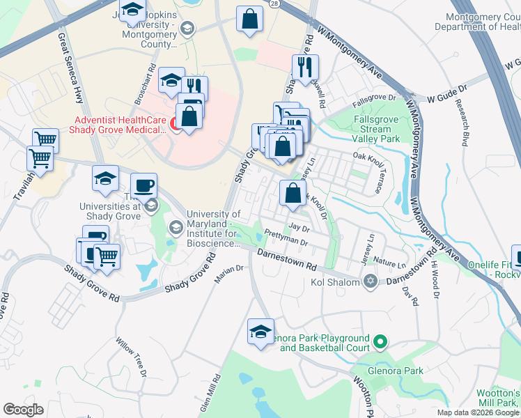 map of restaurants, bars, coffee shops, grocery stores, and more near 316 Prettyman Drive in Rockville