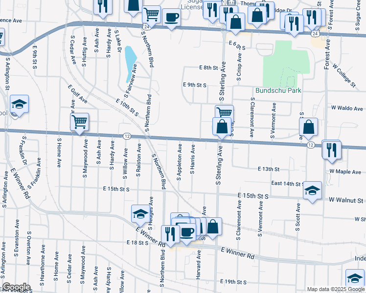 map of restaurants, bars, coffee shops, grocery stores, and more near 1223 South Appleton Avenue in Independence