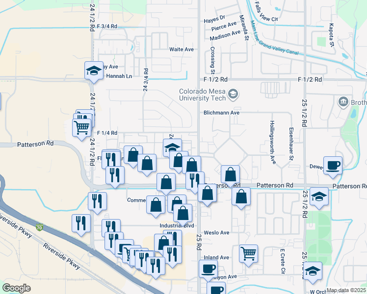 map of restaurants, bars, coffee shops, grocery stores, and more near Devils Thumb Drive in Grand Junction