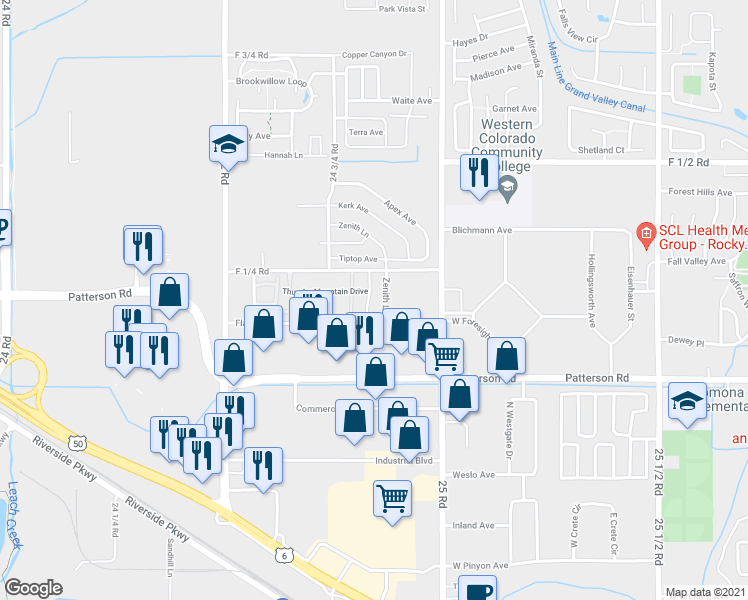 map of restaurants, bars, coffee shops, grocery stores, and more near 616 Mesa Canyon Lane in Grand Junction