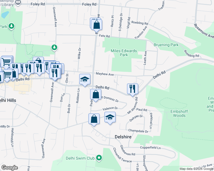 map of restaurants, bars, coffee shops, grocery stores, and more near 4412 Delhi Pike in Cincinnati