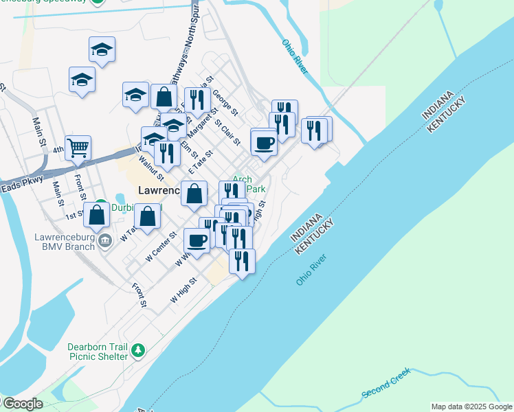 map of restaurants, bars, coffee shops, grocery stores, and more near 118 Elm Street in Lawrenceburg