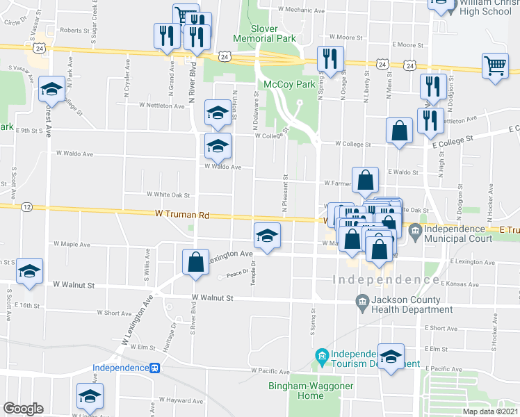 map of restaurants, bars, coffee shops, grocery stores, and more near 315 North Delaware Street in Independence