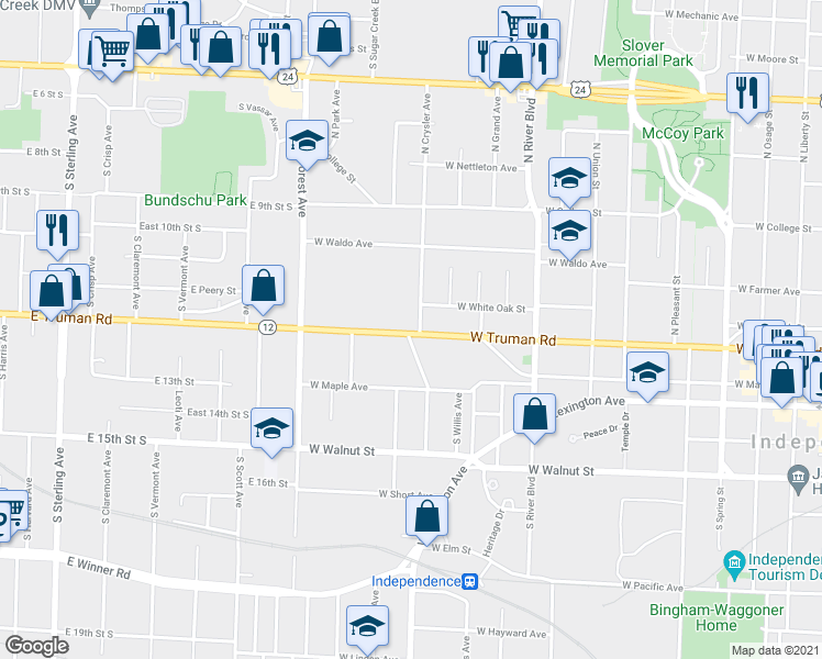 map of restaurants, bars, coffee shops, grocery stores, and more near 1314 West Truman Road in Independence