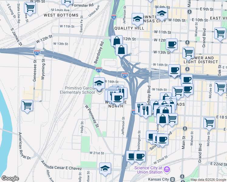 map of restaurants, bars, coffee shops, grocery stores, and more near 1627 Summit Street in Kansas City