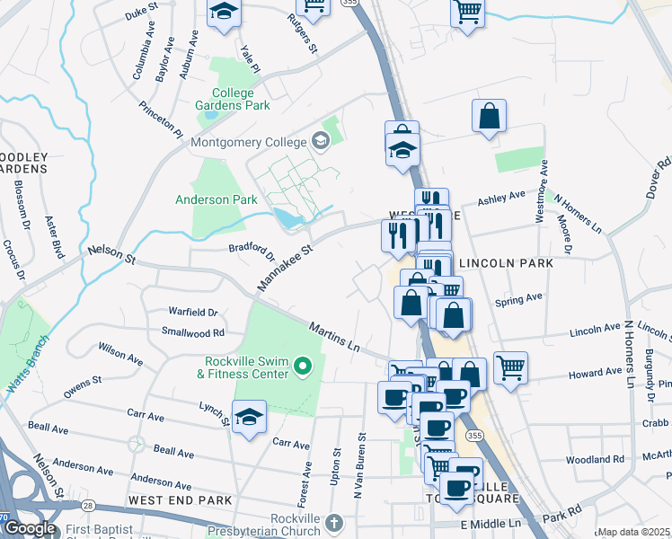 map of restaurants, bars, coffee shops, grocery stores, and more near 390 Martins Lane in Rockville