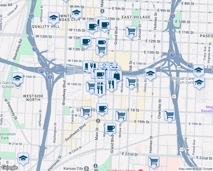 map of restaurants, bars, coffee shops, grocery stores, and more near 1532 Walnut Street in Kansas City