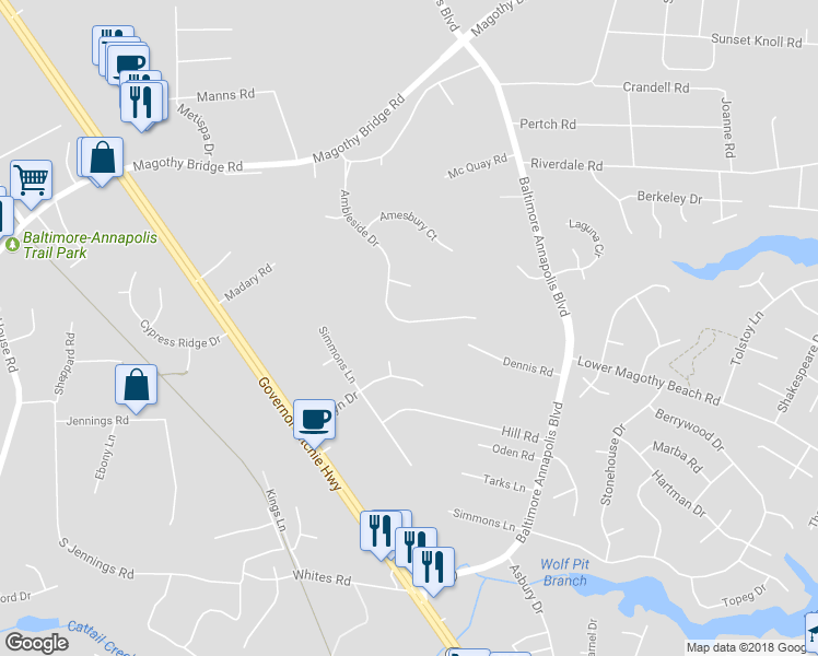 map of restaurants, bars, coffee shops, grocery stores, and more near 232 Ambleside Drive in Severna Park