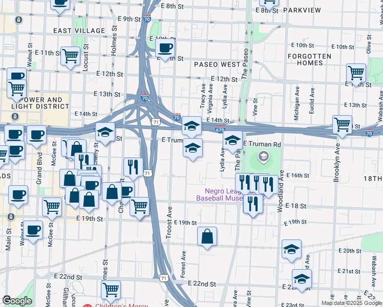 map of restaurants, bars, coffee shops, grocery stores, and more near 1215 East Truman Road in Kansas City