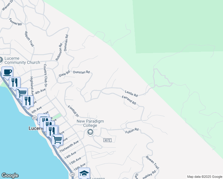 map of restaurants, bars, coffee shops, grocery stores, and more near 6777 Leslie Road in Lucerne