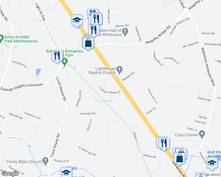 map of restaurants, bars, coffee shops, grocery stores, and more near 216 Cypress Ridge Drive in Severna Park