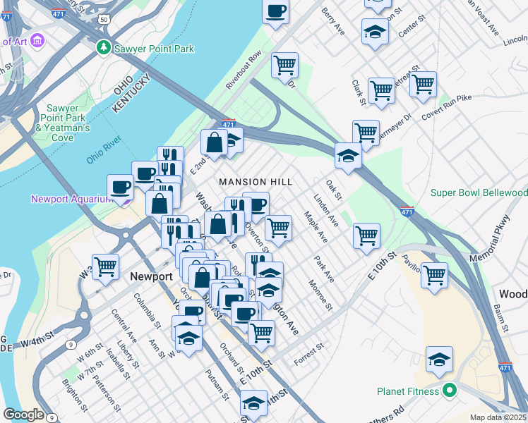 map of restaurants, bars, coffee shops, grocery stores, and more near 521 Monroe St in Newport