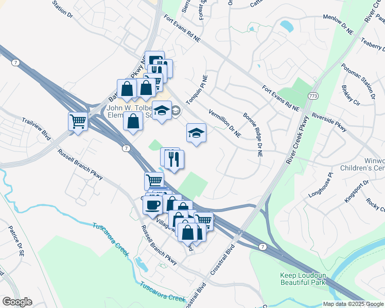 map of restaurants, bars, coffee shops, grocery stores, and more near 701 Potomac Station Drive in Leesburg