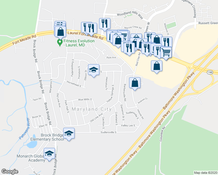 map of restaurants, bars, coffee shops, grocery stores, and more near 438 Henryton South in Laurel