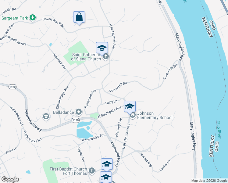 map of restaurants, bars, coffee shops, grocery stores, and more near 1438 North Fort Thomas Avenue in Fort Thomas