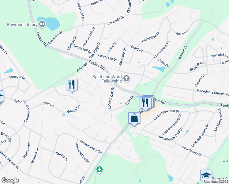 map of restaurants, bars, coffee shops, grocery stores, and more near 114 Spanish Oak Road in Stephens City