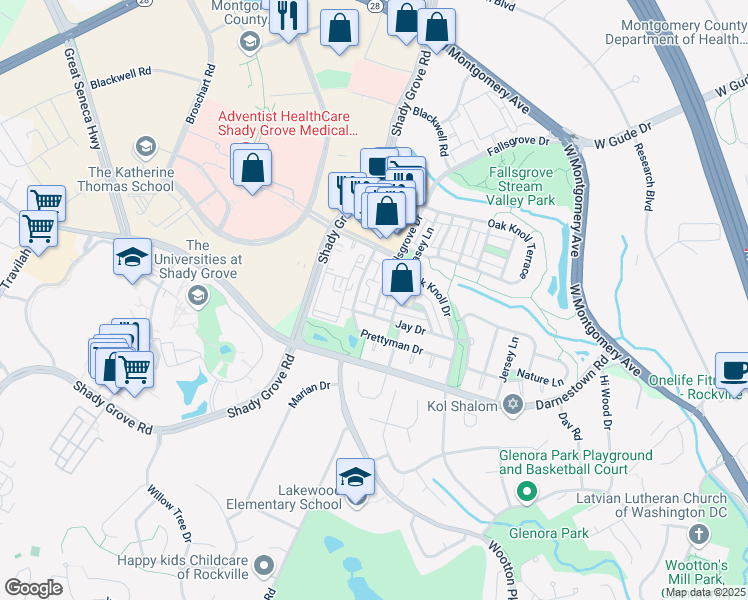 map of restaurants, bars, coffee shops, grocery stores, and more near 305 Fallsgrove Drive in Rockville