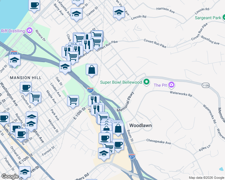 map of restaurants, bars, coffee shops, grocery stores, and more near 101 Bonnie Leslie Avenue in Bellevue