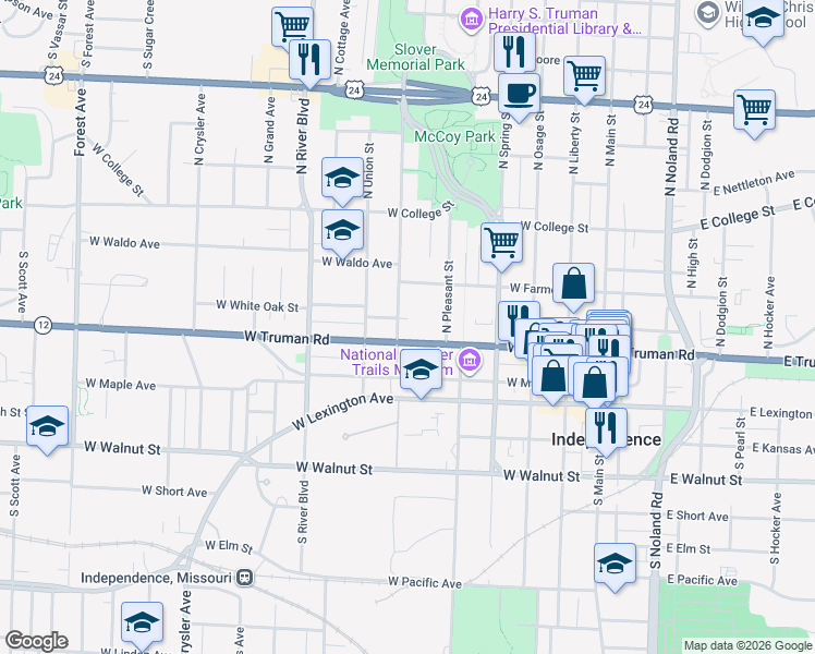 map of restaurants, bars, coffee shops, grocery stores, and more near 315 North Delaware Street in Independence