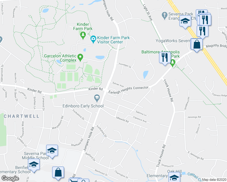 map of restaurants, bars, coffee shops, grocery stores, and more near 155 Overlea Road in Millersville
