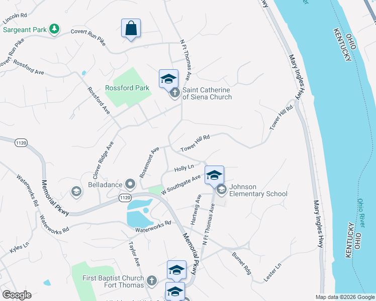 map of restaurants, bars, coffee shops, grocery stores, and more near 1438 North Fort Thomas Avenue in Fort Thomas