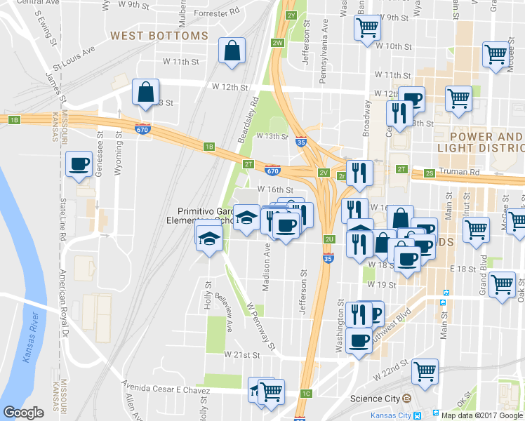 map of restaurants, bars, coffee shops, grocery stores, and more near 1628 Madison Avenue in Kansas City