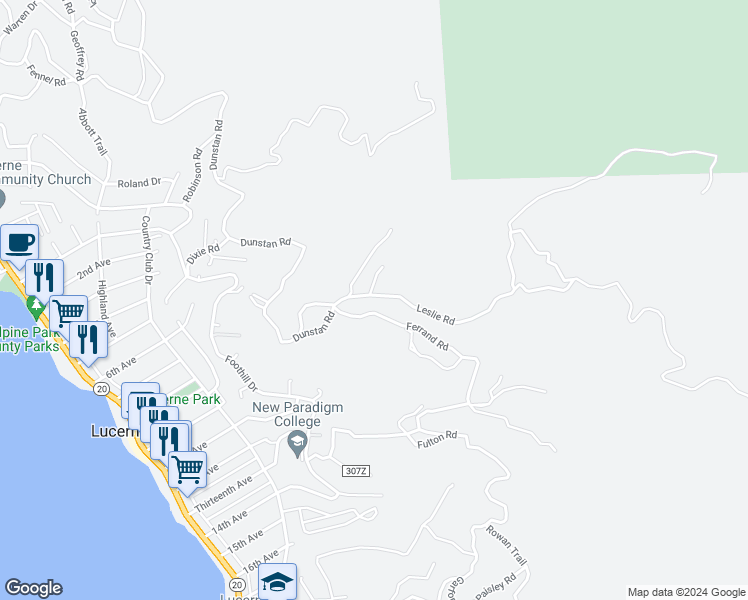 map of restaurants, bars, coffee shops, grocery stores, and more near 6797 Leslie Road in Lucerne