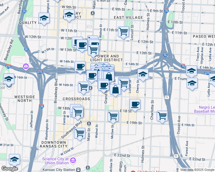 map of restaurants, bars, coffee shops, grocery stores, and more near 1537 Grand Boulevard in Kansas City