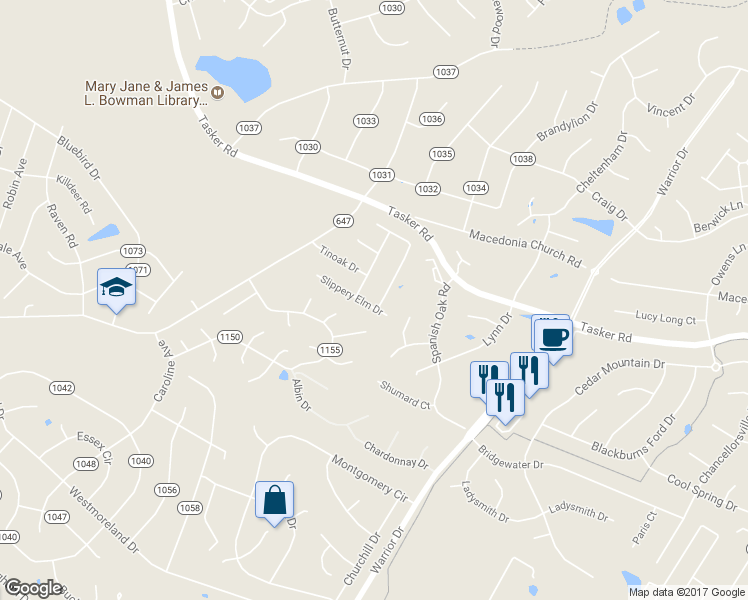 map of restaurants, bars, coffee shops, grocery stores, and more near 121 Slippery Elm Drive in Stephens City