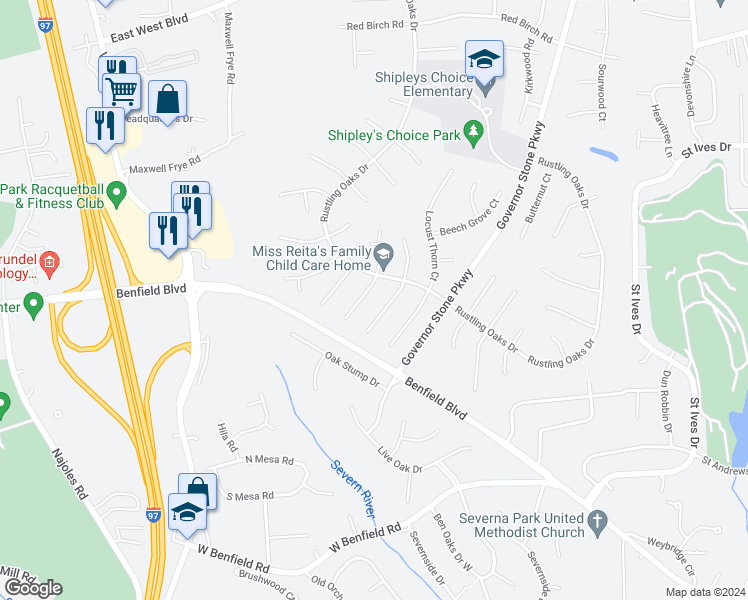 map of restaurants, bars, coffee shops, grocery stores, and more near 326 Redwood Grove Court in Millersville