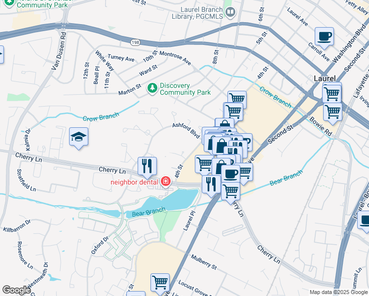 map of restaurants, bars, coffee shops, grocery stores, and more near 14800 4th Street in Laurel