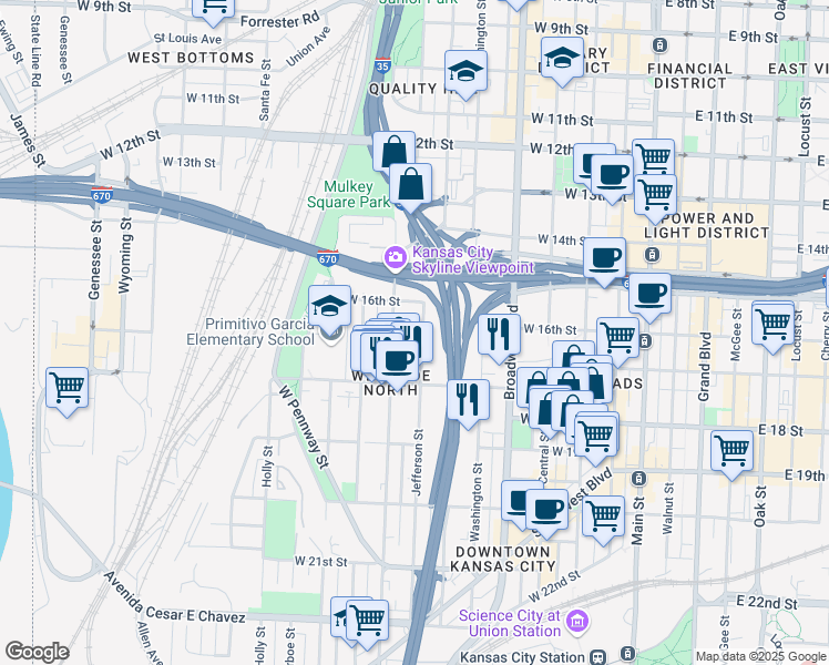 map of restaurants, bars, coffee shops, grocery stores, and more near 1626 Jefferson Street in Kansas City