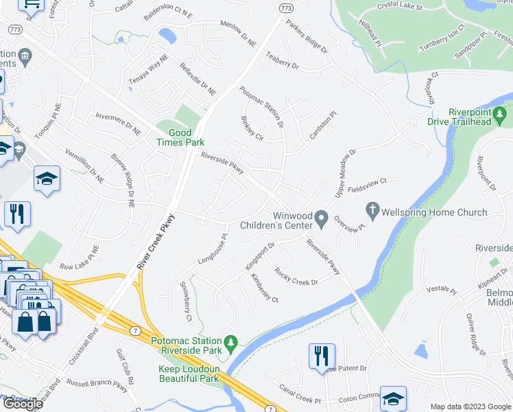 map of restaurants, bars, coffee shops, grocery stores, and more near 18847 Potomac Station Dr in Leesburg