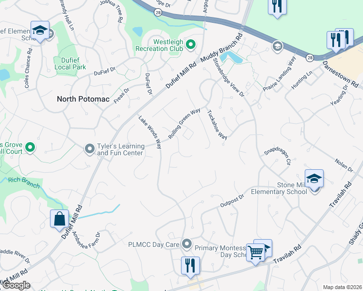 map of restaurants, bars, coffee shops, grocery stores, and more near 11135 Lake Breeze Drive in North Potomac