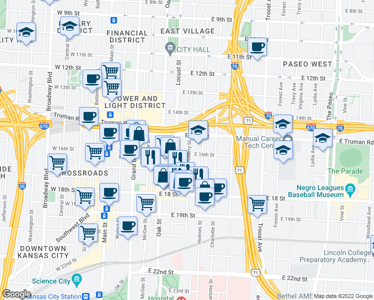 map of restaurants, bars, coffee shops, grocery stores, and more near 518 East 16th Street in Kansas City