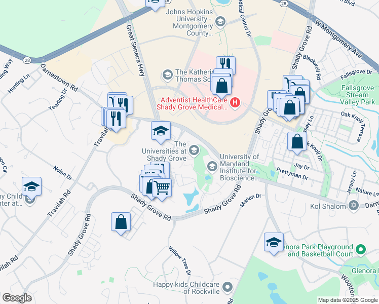 map of restaurants, bars, coffee shops, grocery stores, and more near 9630 Gudelsky Drive in Rockville