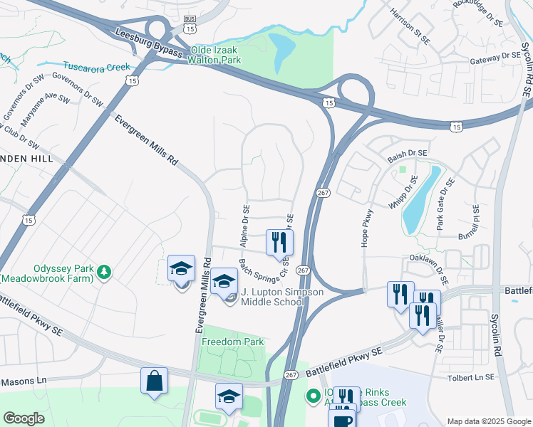 map of restaurants, bars, coffee shops, grocery stores, and more near 110 Richard Drive Southeast in Leesburg