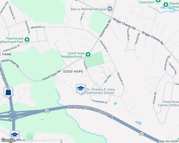 map of restaurants, bars, coffee shops, grocery stores, and more near 1414 Elm Grove Circle in Silver Spring