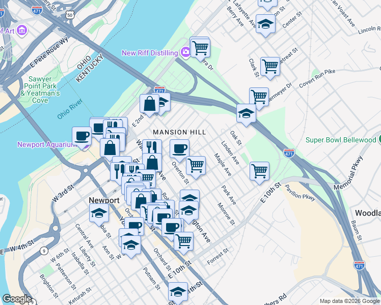 map of restaurants, bars, coffee shops, grocery stores, and more near 521 Monroe Street in Newport
