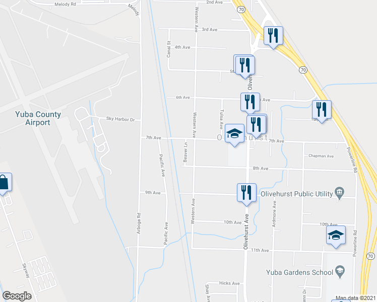 map of restaurants, bars, coffee shops, grocery stores, and more near 4861 Beaver Lane in Olivehurst