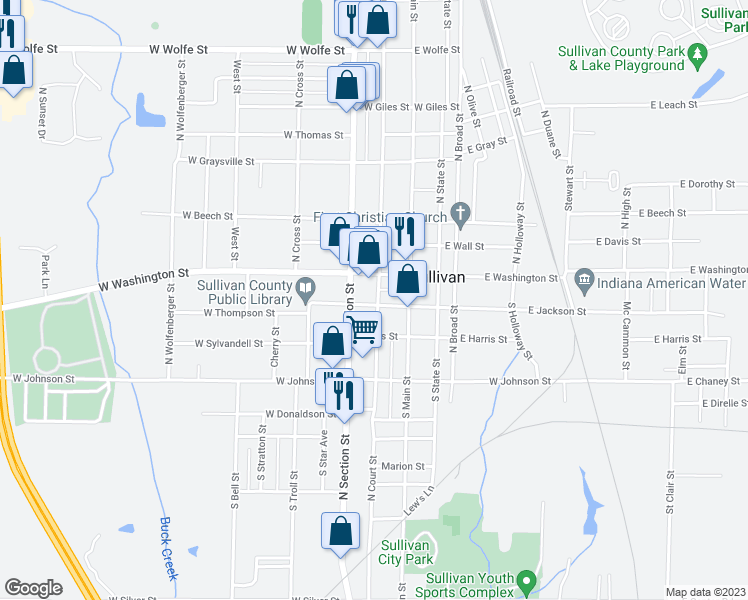 map of restaurants, bars, coffee shops, grocery stores, and more near 28 South Court Street in Sullivan