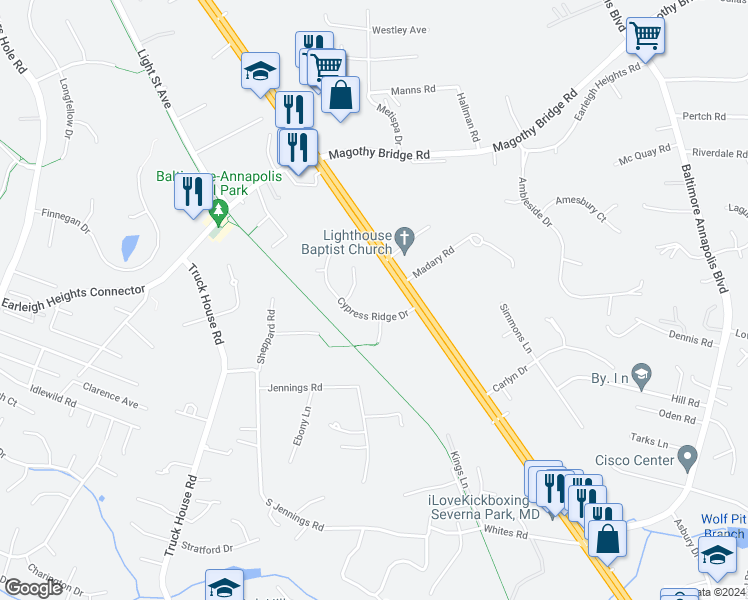 map of restaurants, bars, coffee shops, grocery stores, and more near 216 Cypress Ridge Drive in Severna Park