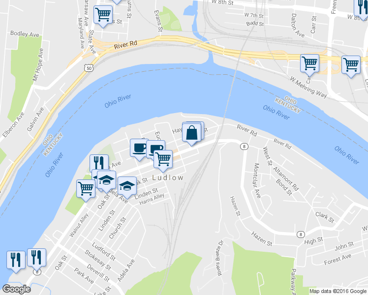 map of restaurants, bars, coffee shops, grocery stores, and more near 122 Elm Street in Ludlow