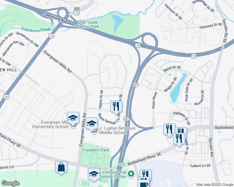 map of restaurants, bars, coffee shops, grocery stores, and more near 118 Richard Drive Southeast in Leesburg