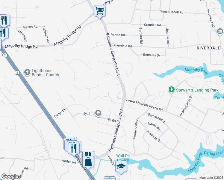 map of restaurants, bars, coffee shops, grocery stores, and more near 124 Dennis Road in Severna Park