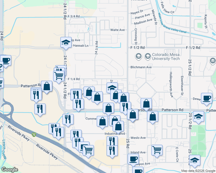 map of restaurants, bars, coffee shops, grocery stores, and more near 616 Mesa Canyon Lane in Grand Junction