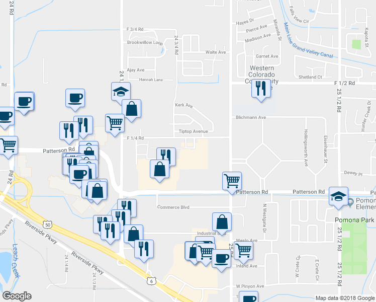 map of restaurants, bars, coffee shops, grocery stores, and more near 616 Mesa Canyon Lane in Grand Junction
