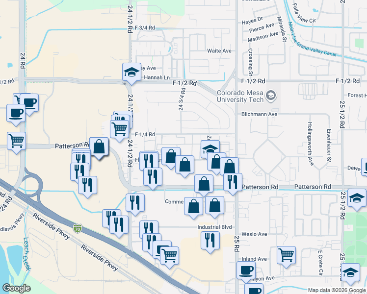 map of restaurants, bars, coffee shops, grocery stores, and more near 2477 Thunder Mountain Drive in Grand Junction